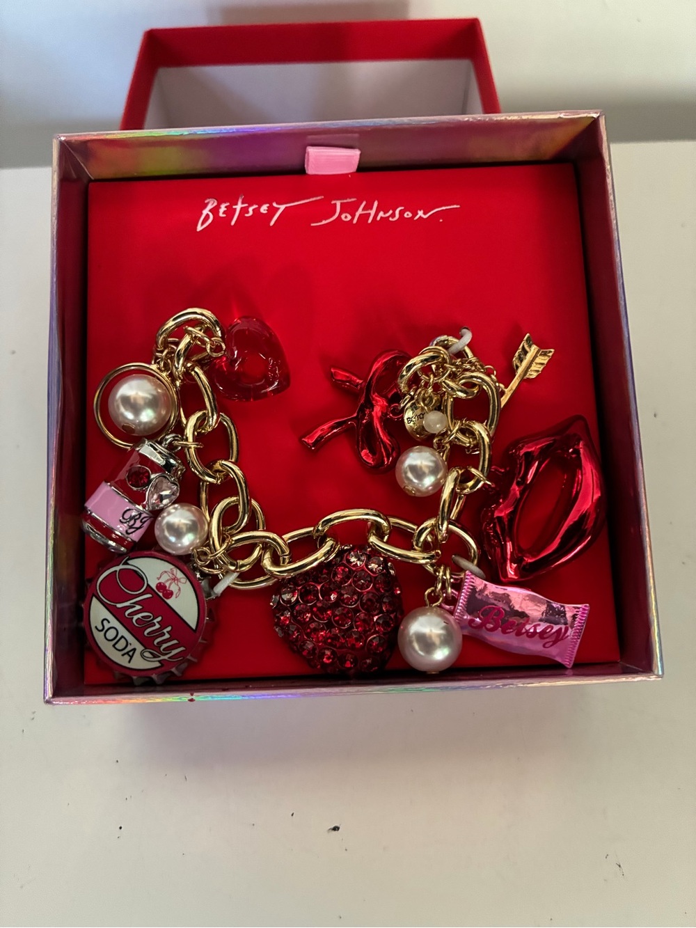 Betsey Johnson Gold-Tone Heart and Lips Charm Bracelet with Red and Pink Accents